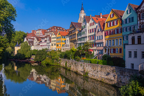 Houses reflecting in Neckar river in Tubingen, Germany