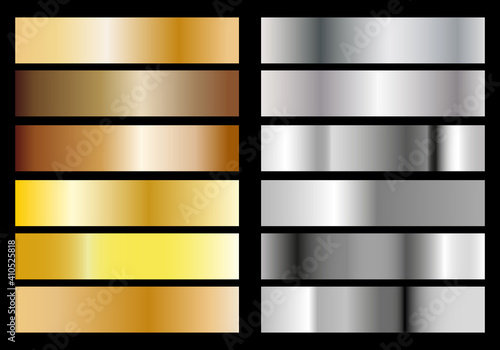 silver and gold foil texture gradation background set. Vector golden elegant, shiny and metalic gradient collection for chrome border, frame, ribbon, label design