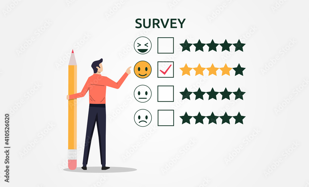 A man with pencil filling survey form concept. Survey feedback for customer satisfaction vector illustration A man with pencil filling survey form concept. Survey feedback for customer satisfaction vector illustration