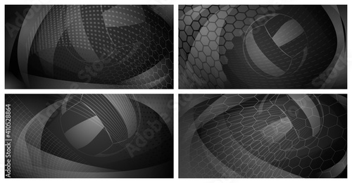 Set of four volleyball backgrounds with big ball in black and gray colors