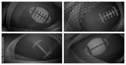 Set of four rugby backgrounds with big ball in black and gray colors