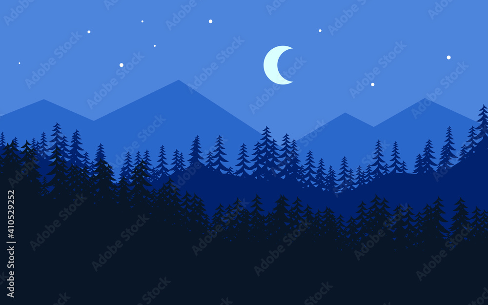 Mountain night landscape with moon and stars