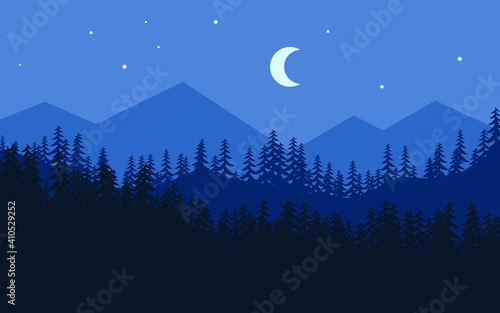 Mountain night landscape with moon and stars