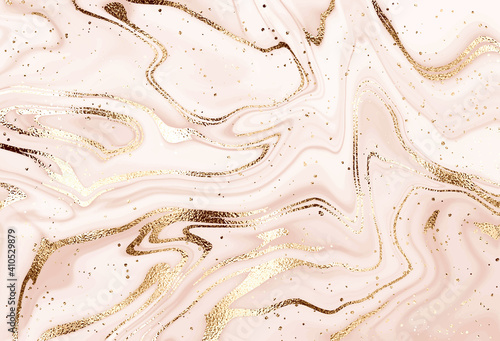 Liquid abstract marble painting background design with gold waves and glitter dust.