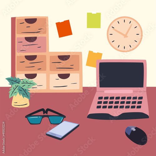 workplace laptop and furniture vector design