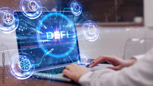DeFi -Decentralized Finance on dark blue abstract polygonal background. Concept of blockchain, decentralized financial system. photo