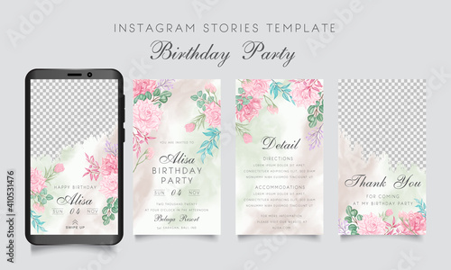Birthday party instagram stories template with watercolor floral frame
