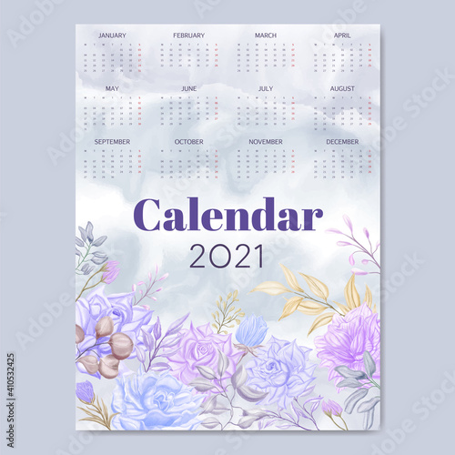 Watercolor flowers calendar 2021 template