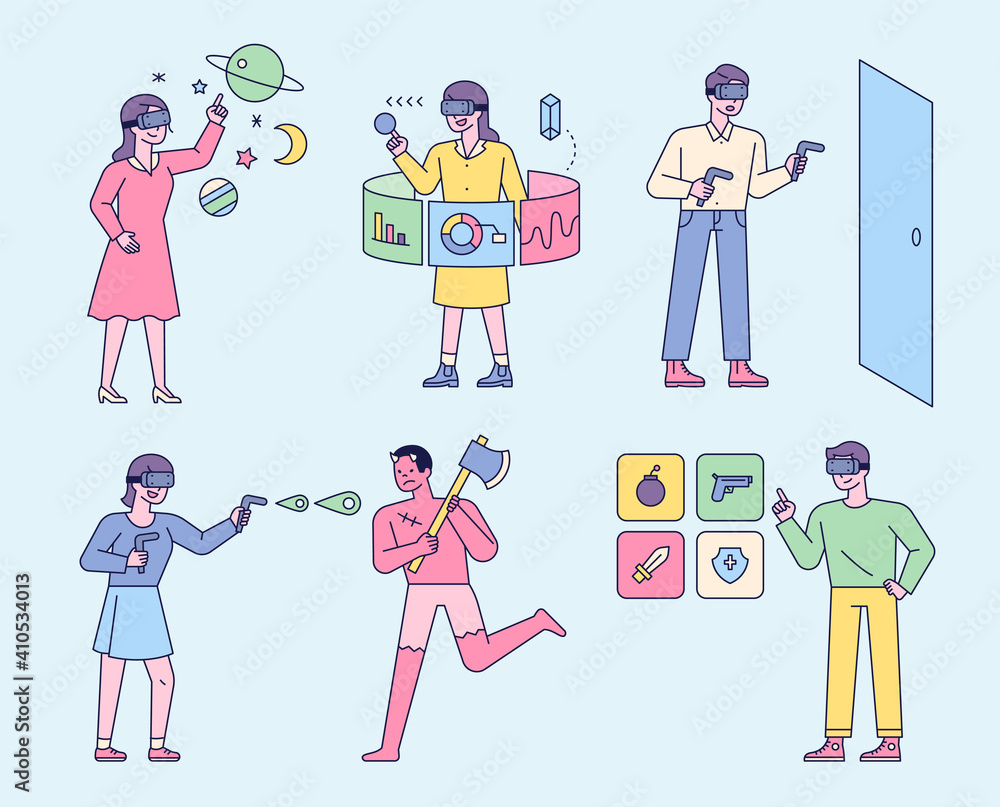 People who enjoy VR technology. People are wearing VR glasses, playing games, analyzing graphs, and selecting items. People who enjoy VR technology. People are wearing VR glasses, playing games, analyzing graphs, and selecting items.