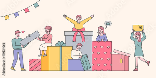 There are large gift boxes piled up. People are gathering around with gift boxes. flat design style minimal vector illustration.