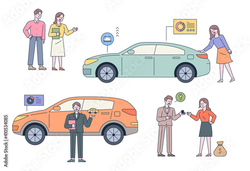 Car dealership. Customers are checking cars. Car dealers are explaining. 