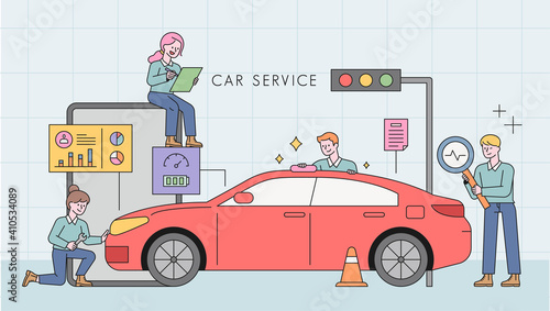 Car service station. Professional engineers are analyzing the car. 