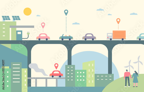 Cars on the urban overpass. Cars running with friendly energy. flat design style minimal vector illustration.