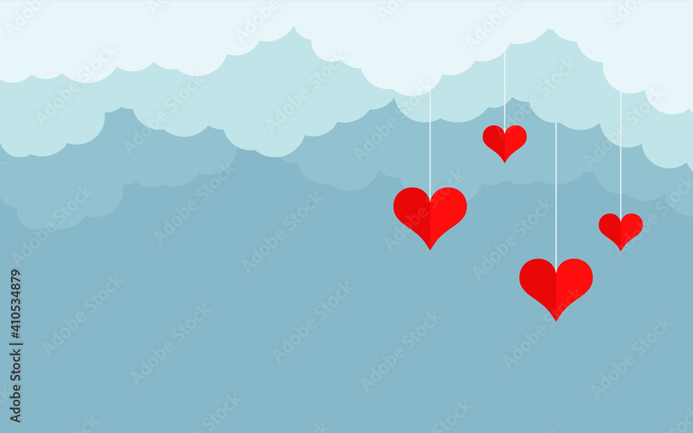 Blue clouds with hanging red hearts cartoon style. Background for Valentine day with place for text. Cloudy sky, heaven scene layered effect. Love romantic panorama for poster. Vector illustration