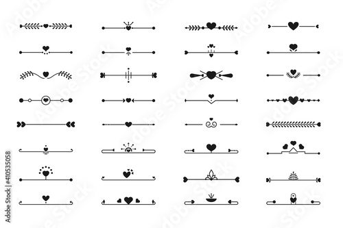 Heart divider black line border set. Graphic decorative element for design book page, text wedding invitation card, certificate elegant decor for Valentine day Isolated on white vector illustration