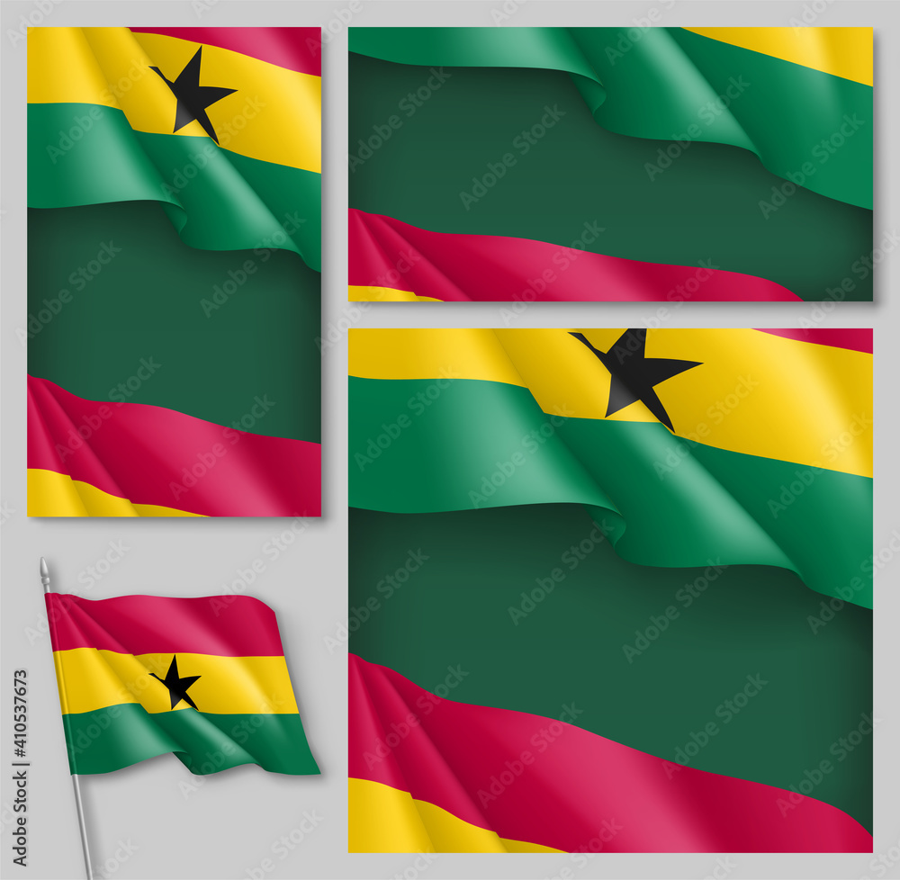 Obraz premium National waving flag of Ghana backdrops collection. African country flag backdrop can be used for celebrating national festival, Independence or Republic Day realistic vector illustration