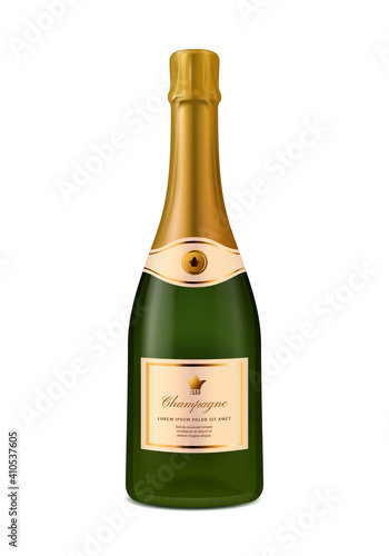 Green champagne realistic bottle with gold foil. Happy holidays concept, romantic event celebration symbol vector illustration isolated on white background