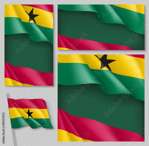 National waving flag of Ghana backdrops collection. African country flag backdrop can be used for celebrating national festival, Independence or Republic Day realistic vector illustration