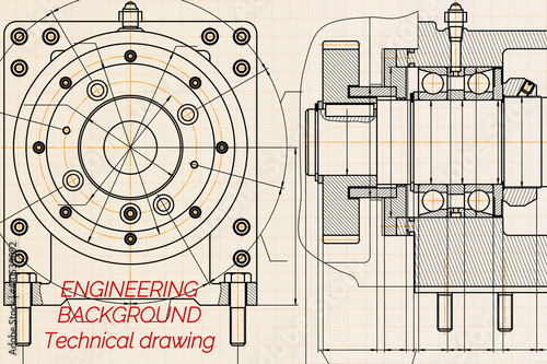 Mechanical engineering drawings on light background. Milling machine spindle. Technical Design. Cover. Blueprint