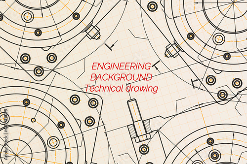 Mechanical engineering drawings on light background. Milling machine spindle. Technical Design. Cover. Blueprint