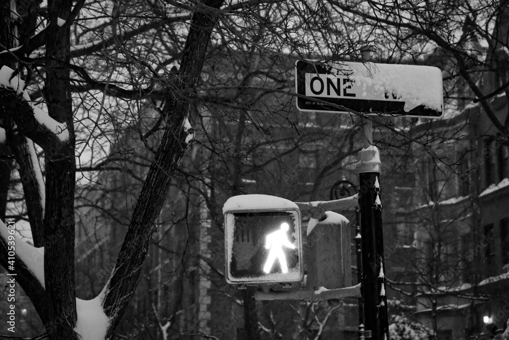 Fototapeta premium New York City snowstorm street signs in February 2021
