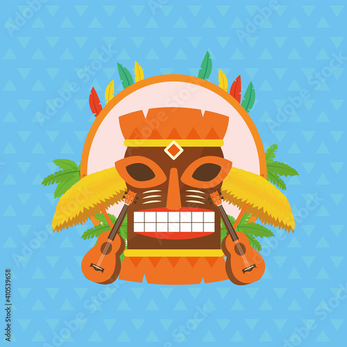 Hawaiian tiki cartoon with umbrellas and guitars vector design