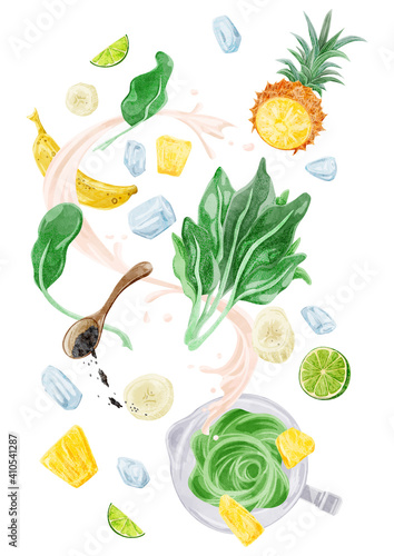 グリーンスムージの材料手描き水彩風イラスト
