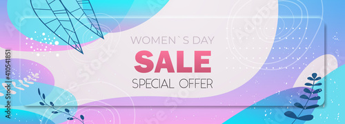 womens day 8 march holiday celebration vibrant sale banner flyer or greeting card with decorative leaves and hand drawn textures horizontal vector illustration