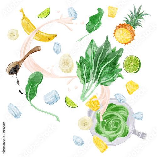 グリーンスムージの材料手描き水彩風イラスト
