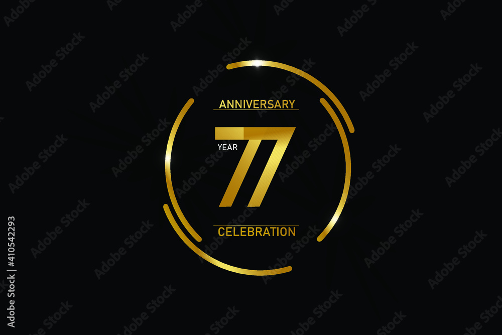 77 year anniversary celebration logotype. anniversary logo with circle golden and Spark light white color isolated on black background - vector