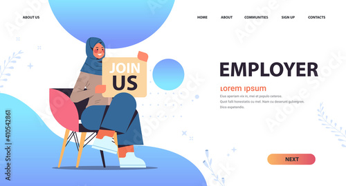 arab woman hr manager holding we are hiring join us poster vacancy open recruitment human resources concept full length copy space horizontal vector illustration