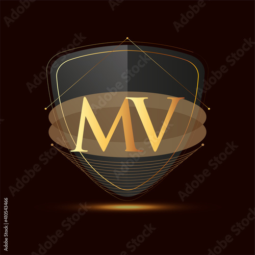 Initial logo letter MV with shield Icon golden color isolated on dark background, logotype design for company identity.