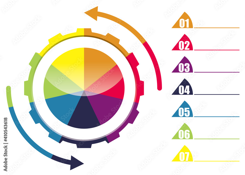 レインボーカラー7分割歯車ギアのインフォグラフィックスイラスト アイコン コンセプト工業産業ビジネス Gear Infographics Stock Vector Adobe Stock