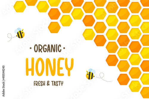 Hexagonal golden yellow honeycomb pattern paper cut background with bee and sweet honey inside.