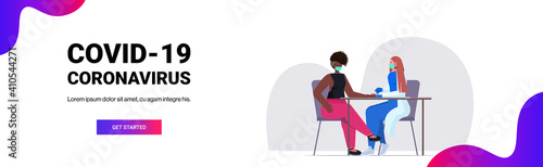 doctor in mask taking blood sample of african american woman patient on rapid test fight against coronavirus concept horizontal full length vector illustration