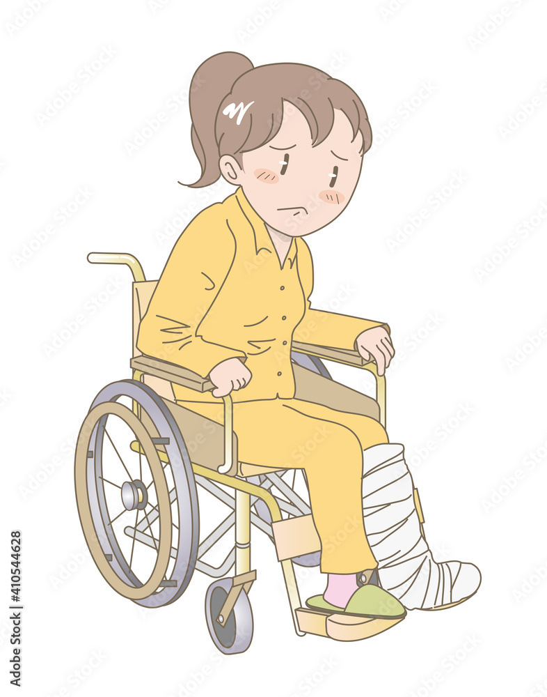骨折で車椅子に座って困っている女性 骨折で車椅子に座って困っている女性