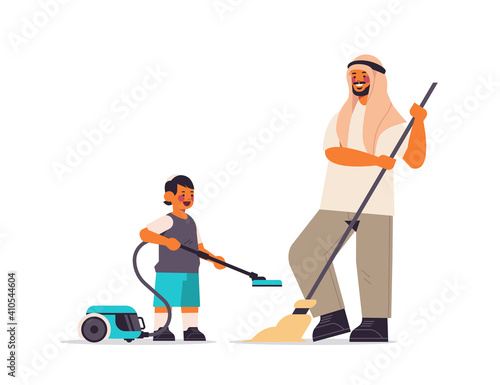 arab father and son having fun while cleaning living room parenting fatherhood friendly family concept dad spending time with his kid full length horizontal vector illustration