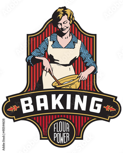 Vintage style baking badge or emblem with the phrase flour power. Features retro vector drawing of baker mixing ingredients in a bowl with a wooden spoon.