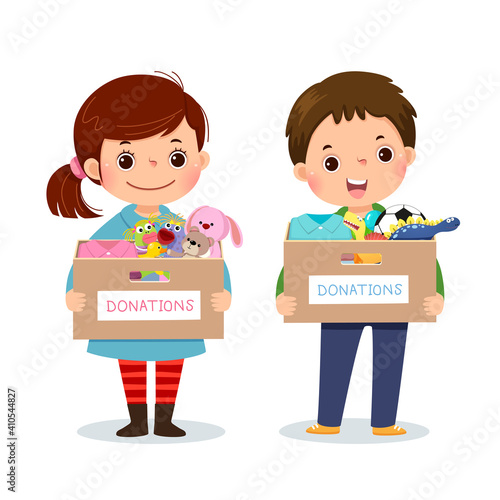 Vector illustration cartoon of little children girl and boy holding donation box with clothes and toys.