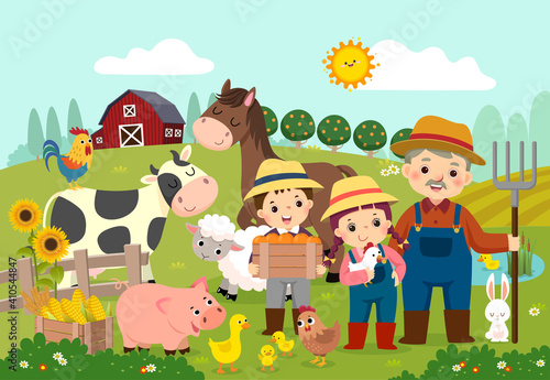 Vector illustration cartoon of happy farmer and kids with farm animals on the farm.