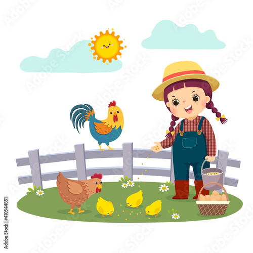 Vector illustration cartoon of little girl farmer feeding her chickens.