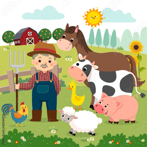 Vector illustration cartoon of old farmer and farm animals on the farm.