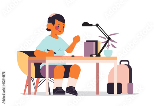 little arab boy studying and doing school homework education childhood concept full length horizontal vector illustration