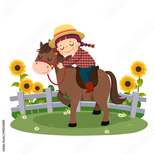 Vector illustration cartoon of happy boy riding and hugging her horse.
