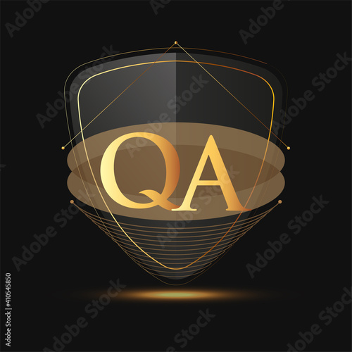 Initial logo letter QA with shield Icon golden color isolated on dark background, logotype design for company identity.