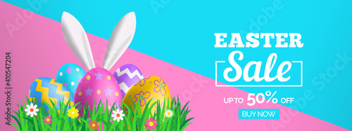 easter sale banner design with decorative eggs green grass bunny ears vector illustration