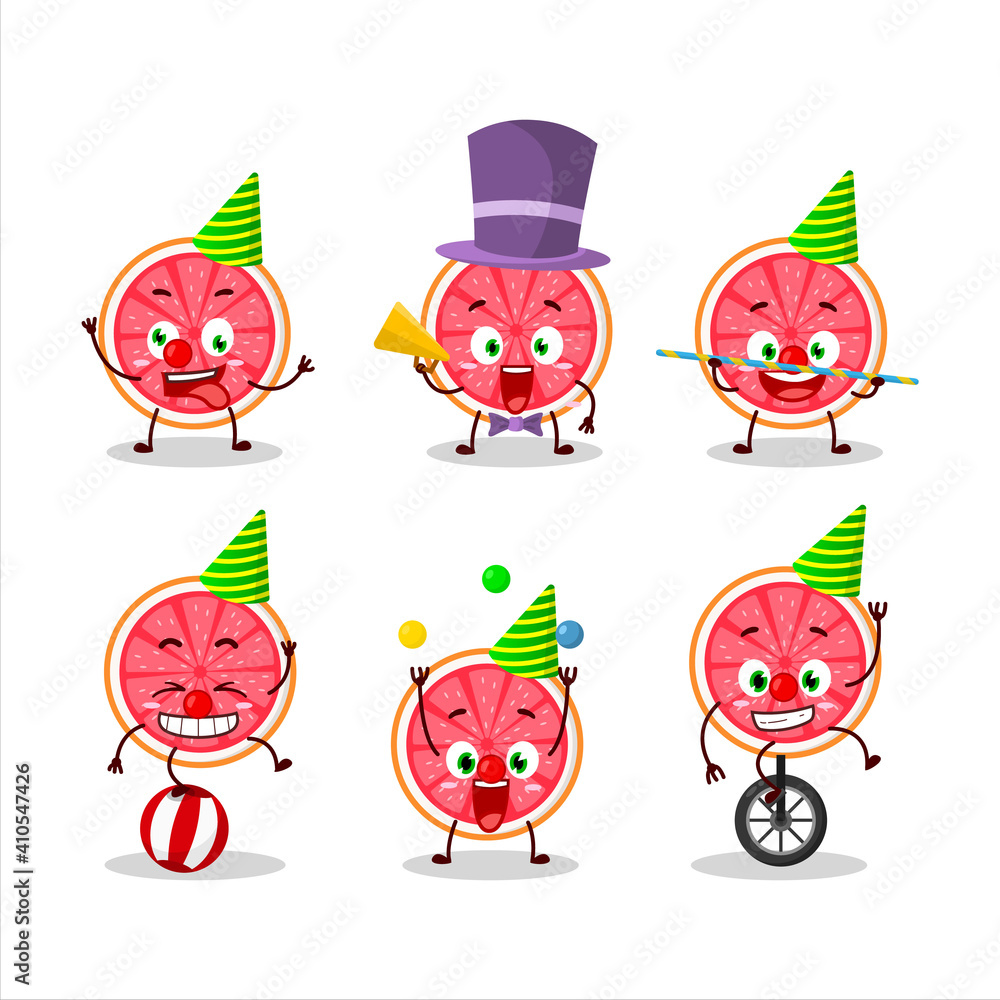 Cartoon character of slice of grapefruit with various circus shows