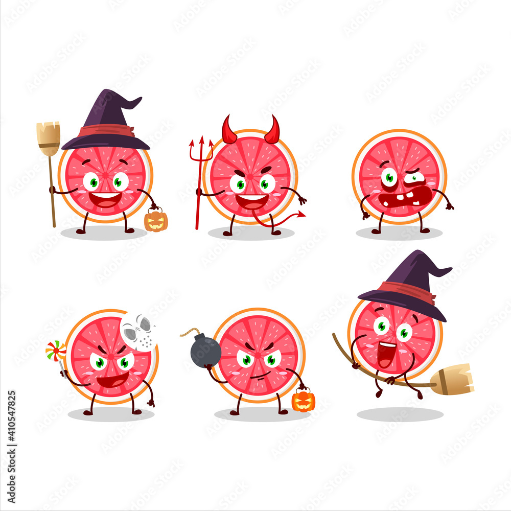 Halloween expression emoticons with cartoon character of slice of grapefruit Halloween expression emoticons with cartoon character of slice of grapefruit