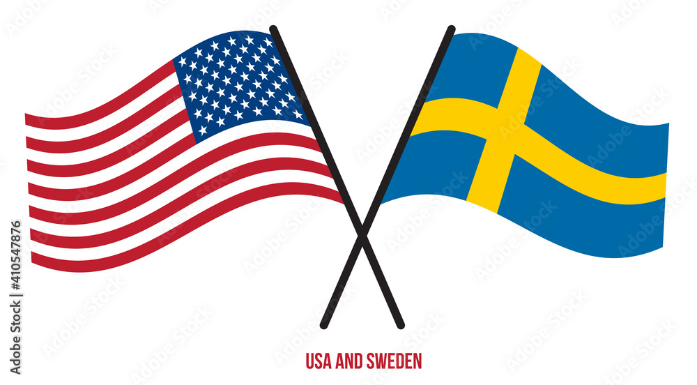USA and Sweden Flags Crossed And Waving Flat Style. Official Proportion. Correct Colors.