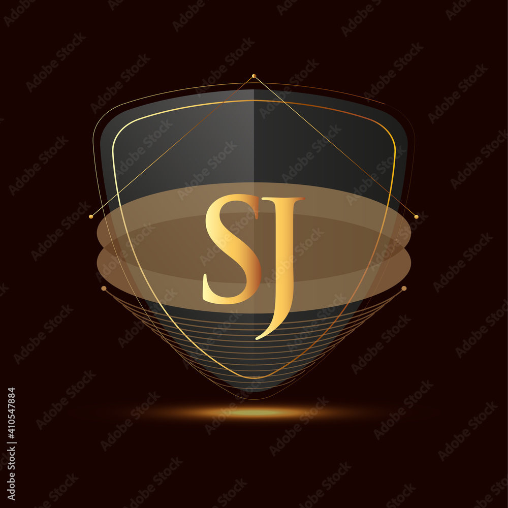 Initial logo letter SJ with shield Icon golden color isolated on dark ...